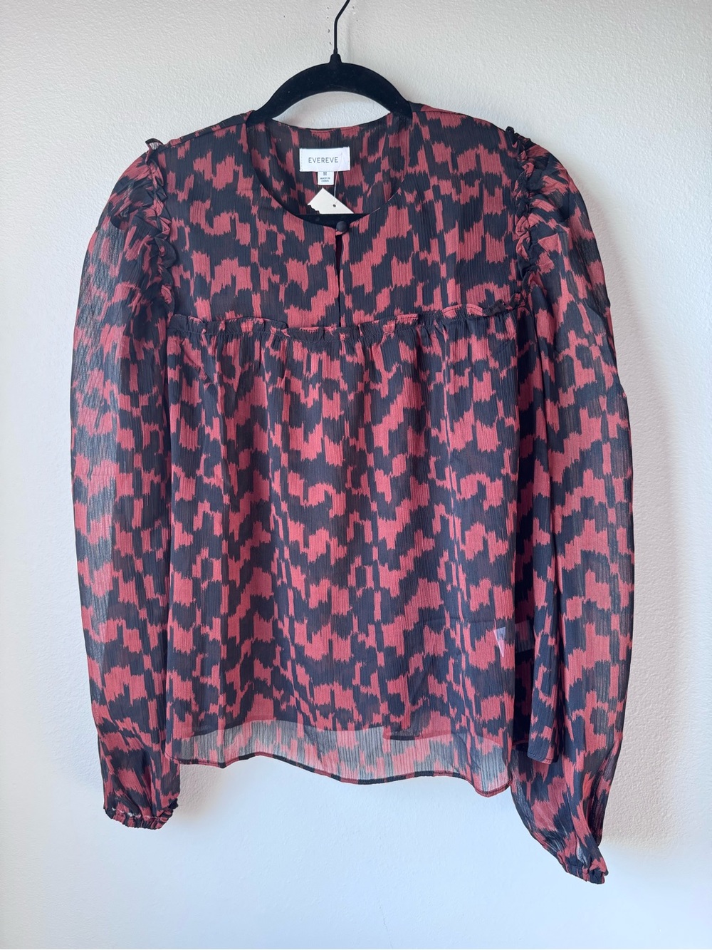 Evereve Women's Leo Abstract Animal Print Long-Sleeve Blouse. Rust and Black